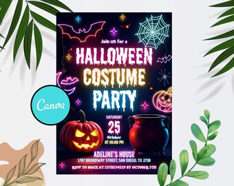 May include: A Halloween Costume Party invitation with neon-style graphics. The invitation features a jack-o'-lantern, cauldron, bats, and a spider web. The text reads "Join us for a Halloween Costume Party" with the date, time, and location.