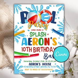 Redigerbar inbjudan till poolparty, inbjudan till sommarfödelsedagsfest, simfest, inbjudan till poolparty, digital inbjudan