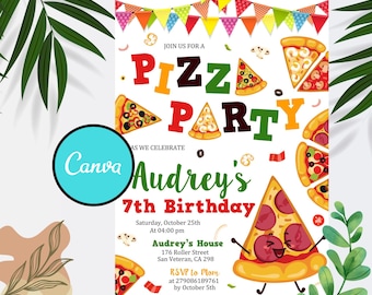 May include: A colorful invitation for a pizza party to celebrate Audrey's 7th birthday. The invitation features a cartoon pizza with a smiling face and the text "JOIN US FOR A PIZZA PARTY AS WE CELEBRATE Audrey's 7th Birthday".