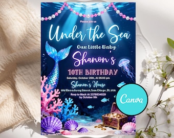 Verjaardagsuitnodiging zeemeerminstaart, zeemeermin Bash Under the Sea verjaardagsuitnodiging, zeemeermin feestuitnodigt, bewerkbare grillige verjaardagsfeestje