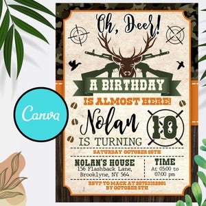 May include: A green, brown, and orange birthday invitation with a camouflage background. The invitation says "Oh, Deer! A Birthday is Almost Here! Nolan is Turning 10." The invitation also includes a deer with antlers, two rifles, and a target.