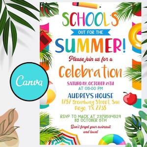 Editable End of School Party Schools Out Party Invitation, Download Summer Invite, CANVA Template