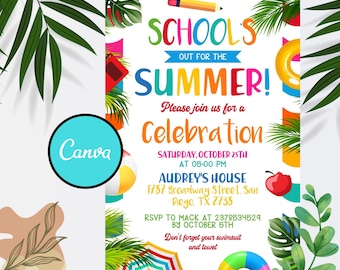 Editable End of School Party Schools Out Party Invitation, Download Summer Invite, CANVA Template