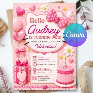 Könnte beinhalten: Eine rosa Geburtstagseinladungskarte mit einem katzenförmigen Rahmen, einer gepunkteten Schleife, Luftballons, einem Geschenk und einem Kuchen mit Kerze. Der Text lautet: Hello Audrey IS TURNING TWO! JOIN US FOR A PUR-FECT BIRTHDAY Celebration! mit Details.