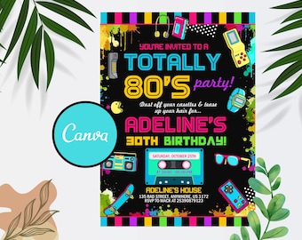 Editable 80s Birthday Party Invitation: Neon Glow Dance (Canva Template Digital Download)