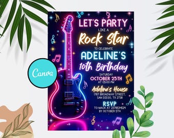Editable Rock Star Birthday Party Invitation, Neon Glow Party Like A Rockstar Birthday, Neon Glow Singing Music Party, Instant Download