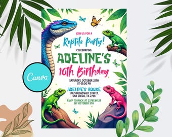May include: A colorful reptile-themed birthday party invitation. The design features a blue snake, green and pink lizards, and butterflies. Text includes "Reptile Party!" and "Adeline's 10th Birthday" with event details. The Canva logo is visible.
