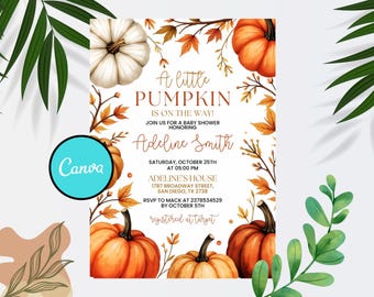 Pumpkin Baby Shower Invitation, A Little Pumpkin is on the Way Invite, Fall Baby Shower Invitation, Autumn Invite, Instant Download