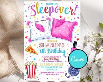 Sleepover Birthday Invitation, Slumber Party Birthday Invite, Pajama Party, Neon Sleepover Invitation, Canva Template