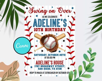 Puede incluir: Invitación de cumpleaños con temática de béisbol con el texto "Swing on Over" y "10º Cumpleaños de Adeline". El diseño incluye una pelota de béisbol, un guante y bates, con detalles en rojo y azul. La invitación también incluye la fecha, la hora y el lugar.