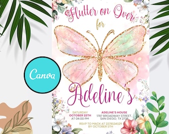 Faire-part d'anniversaire papillon arc-en-ciel : jardin floral, modèle de toile modifiable