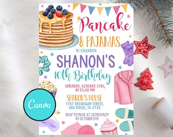 Pfannkuchen und Pyjamas Party Einladung Geburtstag, digitale Datei, bedruckbar, Custom, Pfannkuchen Party einladen, Pyjama Party, Sleepover Party