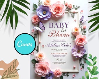 May include: Baby shower invitation featuring a floral design with pink, purple, and peach paper flowers, butterflies, and greenery. The invitation includes the text "Baby in Bloom" and details for Adeline Cole's baby shower.