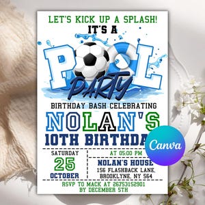Editable Soccer Pool Birthday Invitation: Sports Summer Theme (Digital Template)