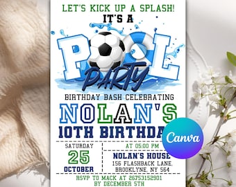 Editable Soccer Pool Birthday Invitation: Sports Summer Theme (Digital Template)