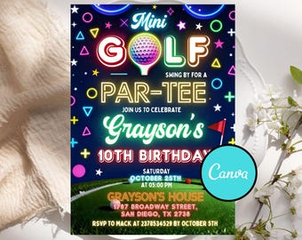 Mini Golf Birthday Invitation, Glow Party, Editable Canva