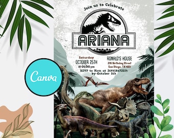 Editable Dinosaur Birthday Party Invitation: T-Rex, Jurassic World (CANVA Template)