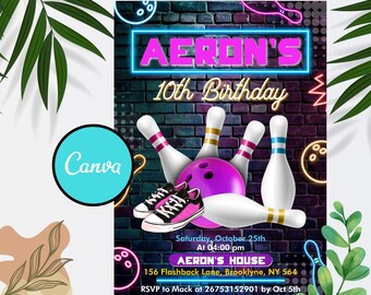 Invitación de cumpleaños de bolos luminosos: Fiesta de neón (descarga instantánea)