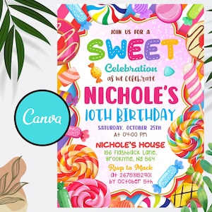 Puede incluir: Una invitación colorida para una fiesta de cumpleaños número 10 con un tema de dulces. La invitación presenta un fondo rosa con las palabras "Únete a nosotros para una dulce celebración mientras celebramos el cumpleaños número 10 de Nichole." La invitación también incluye una variedad de gráficos con temática de dulces, como piruletas, bastones de caramelo y ositos de goma.