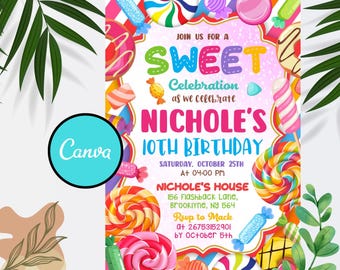 May include: A colorful invitation for a 10th birthday party with a candy theme. The invitation features a pink background with the words "Join us for a Sweet Celebration as we celebrate Nichole's 10th Birthday." The invitation also includes a variety of candy-themed graphics, such as lollipops, candy canes, and gummy bears.