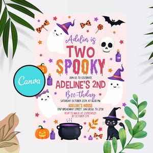 Editable Two Spooky Pink Girls Halloween Ghost 2nd Birthday Invitation, Boho Groovy Spooky Party Invite, Instant Download Halloween
