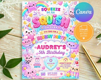Squishy Birthday Invitation, Sensory Birthday Invitation, Squishy Party Invite, Editable Canva Template, Kids Birthday Invite
