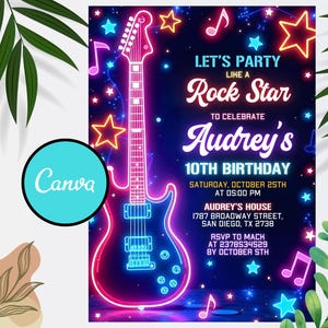 Editable Rock Star Birthday Party Invitation, Party Like A Rockstar Birthday, Singing Music Party Instant Download with CANVA