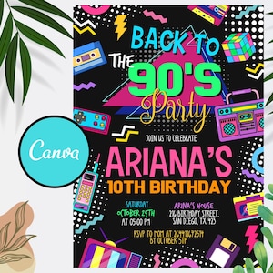 Faire-part d'anniversaire des années 90, faire-part de fête des années 90, invitation d'anniversaire des années 90, retour dans les années 90, fête d'anniversaire rétro, modèle d'invitation