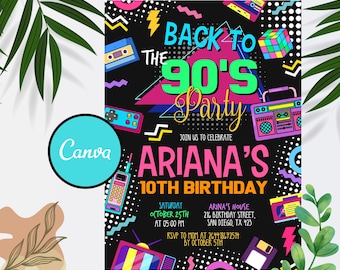 May include: A colorful 90's themed birthday party invitation for Ariana's 10th birthday. The invitation features a black background with neon pink, blue, and green accents. It includes a cassette tape, a boombox, a video game controller, and a floppy disk.