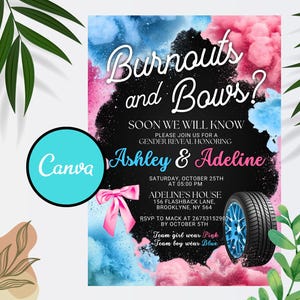 Editable Burnouts or Bows Gender Reveal Baby Shower Invitation, Boy or Girl, He or She Gender Reveal Invite, Burnouts or Bows invitation