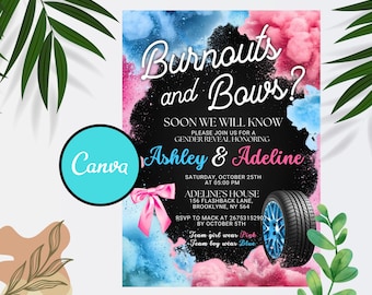 Editable Burnouts or Bows Gender Reveal Baby Shower Invitation, Boy or Girl, He or She Gender Reveal Invite, Burnouts or Bows invitation
