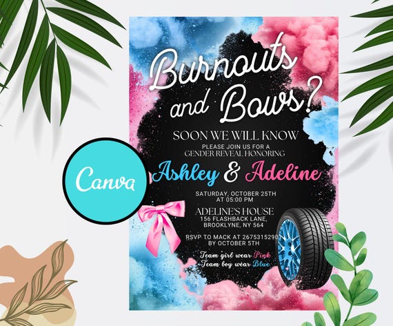 Editable Burnouts or Bows Gender Reveal Baby Shower Invitation, Boy or Girl, He or She Gender Reveal Invite, Burnouts or Bows invitation
