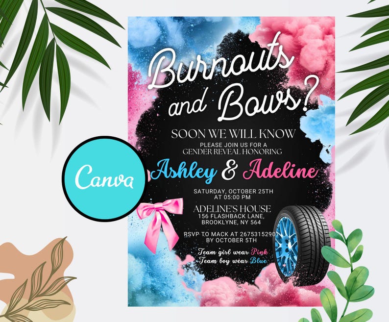 Editable Burnouts or Bows Gender Reveal Baby Shower Invitation, Boy or Girl, He or She Gender Reveal Invite, Burnouts or Bows invitation