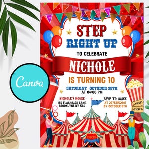 Bewerkbare verjaardagsuitnodiging carnaval, circusverjaardagsuitnodiging, carnavalsuitnodiging, canvassjabloon