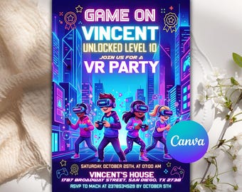 Convite de aniversário em realidade virtual, convite com efeito neon, convite para festa de aniversário com tema de videogame, tema gamer neon, modelo editável do Canva