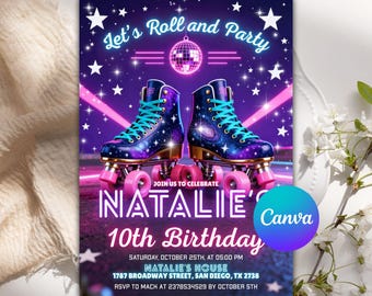 Roller Skating Birthday Invitation, Retro Neon Lights, Glow Roller Skating Party, Neon Party Invite, Roller Skating Party, Editable Canva