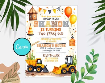 May include: A colorful birthday party invitation with construction theme. The invitation features the name "SHANON" and the text "IS TURNING TWO YEARS OLD". It includes illustrations of construction vehicles, balloons, and a construction cone.