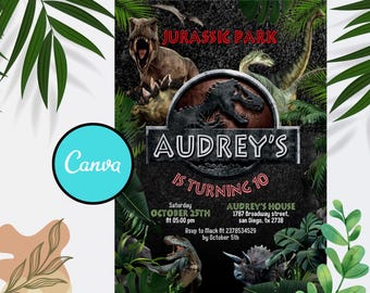 Editable Dinosaur Birthday Party Invitation: Jurassic Theme (CANVA Template)