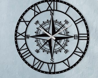 Compass Metal Wall Clock, Wayfinder Symbol, Unique Home Decor, Modern Clock for Living room,  Large Metal Art, New Home Gift,Silent Movement
