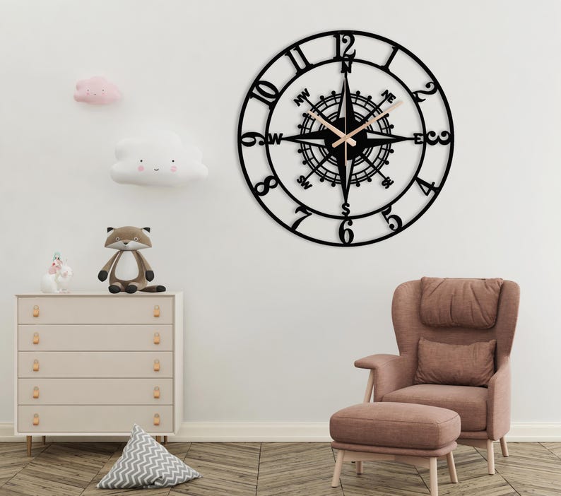 Compass Metal Wall Clock, Decorative Living Room Clock, Wall Art for ...