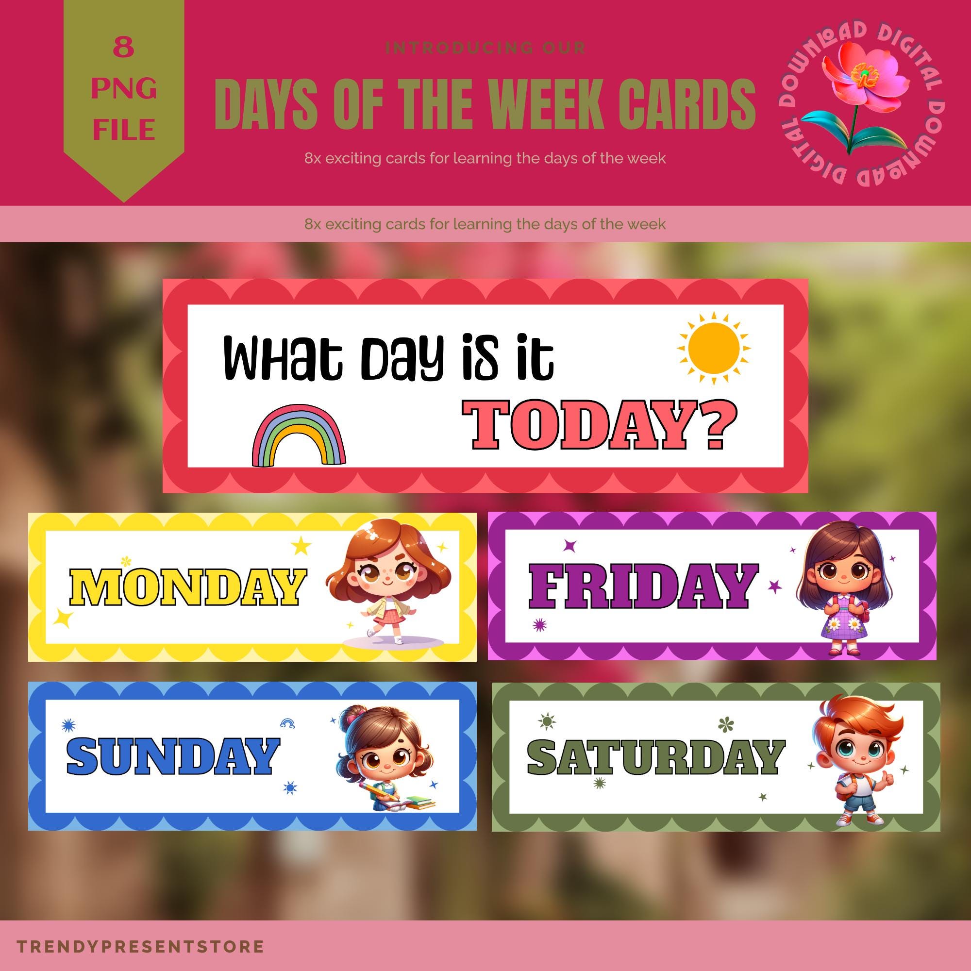 Days of the Week Flashcards - Montessori Educational Cards (Digital Download)