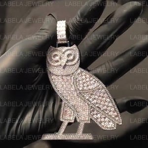 Può includere: Un ciondolo a forma di gufo in argento con un design tempestato di diamanti. Il ciondolo è tenuto in una mano guantata.