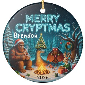 May include: A round ceramic ornament featuring the text MERRY CRYPTMAS, Brendon, and 2026. The illustration depicts Bigfoot, the Loch Ness Monster, Mothman, and a jackalope gathered around a campfire in a snowy forest with Christmas decorations.