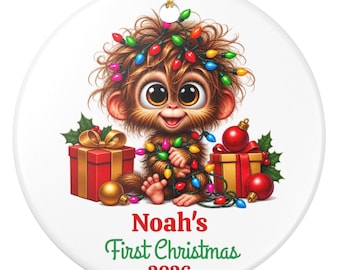 Keramik-Affe als erstes Weihnachtsornament, Erinnerungsstück an das Baby, Weihnachtsbaumschmuck
