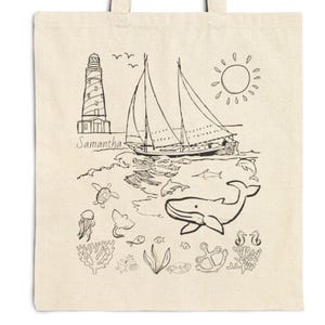 Ocean Scene Cotton Canvas Tote Bag, Fisherman Aesthetic, Nautical Gift, Summer Tote, Shell & Starfish Design, Sea Theme, Doodle Art