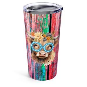 Vaso de 593 ml con diseño de vaca de las Tierras Altas, ideal para vaqueras, estilo country western, rodeo, bebidas frías y calientes, para llevar, con letras neón.