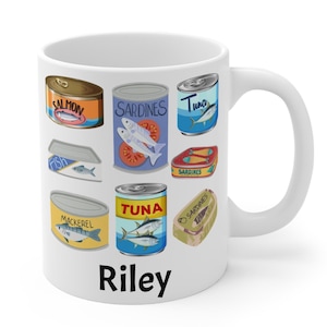 Personalized Vintage Style Canned Fish Mug, Retro Design Mug, Seafood Lovers, 11 oz Mug, Whimsy Fish Mug, Ocean Inspired Cup, Housewarming
