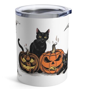 Niedlicher Name Schwarze Katze 10 Unzen Becher, Jack &#39;O&#39; Lantern Doodle Art, Heiß- und Kaltgetränkebecher, Katzenliebhaber Becher, Becher für unterwegs, Halloween