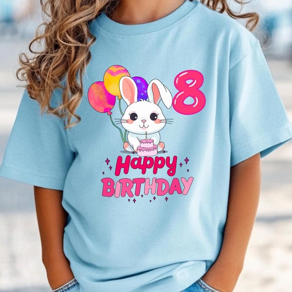 Camiseta infantil personalizada com coelhinho para aniversário de meninas, para idades de 5 a 13 anos.