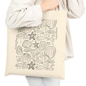 Custom Summer Sea Shell Cotton Tote Bag, Summer Fisherman Aesthetic, Doodle Art, Nautical Gift, Summer Shopping Tote, Shell Starfish Design